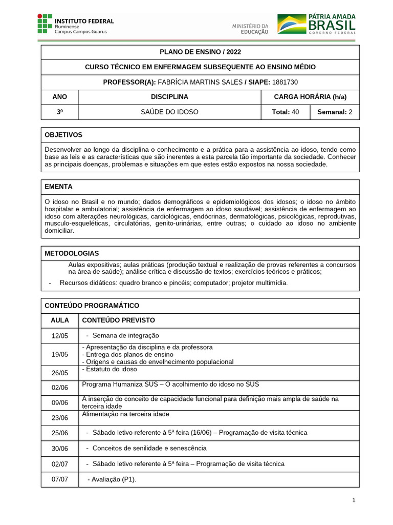 Plano de Ensino: Saúde do Idoso 2022 | PDF | Terceira idade | Enfermagem