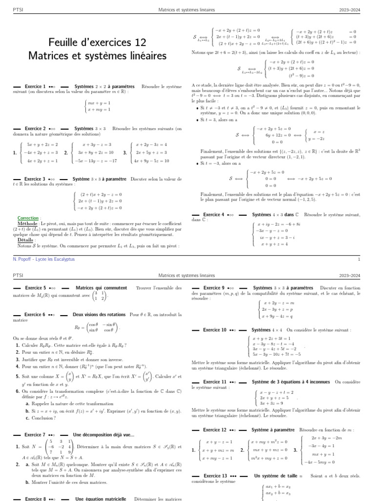 Exercices sur Matrices et Systèmes Linéaires | PDF | Matrice ...
