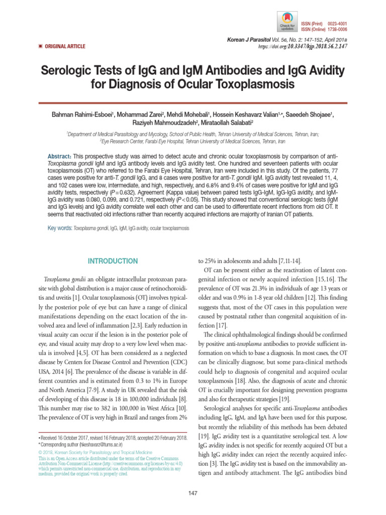 2018 Serologic Tests of IgG and IgM Antibodies and IgG Avidity For ...