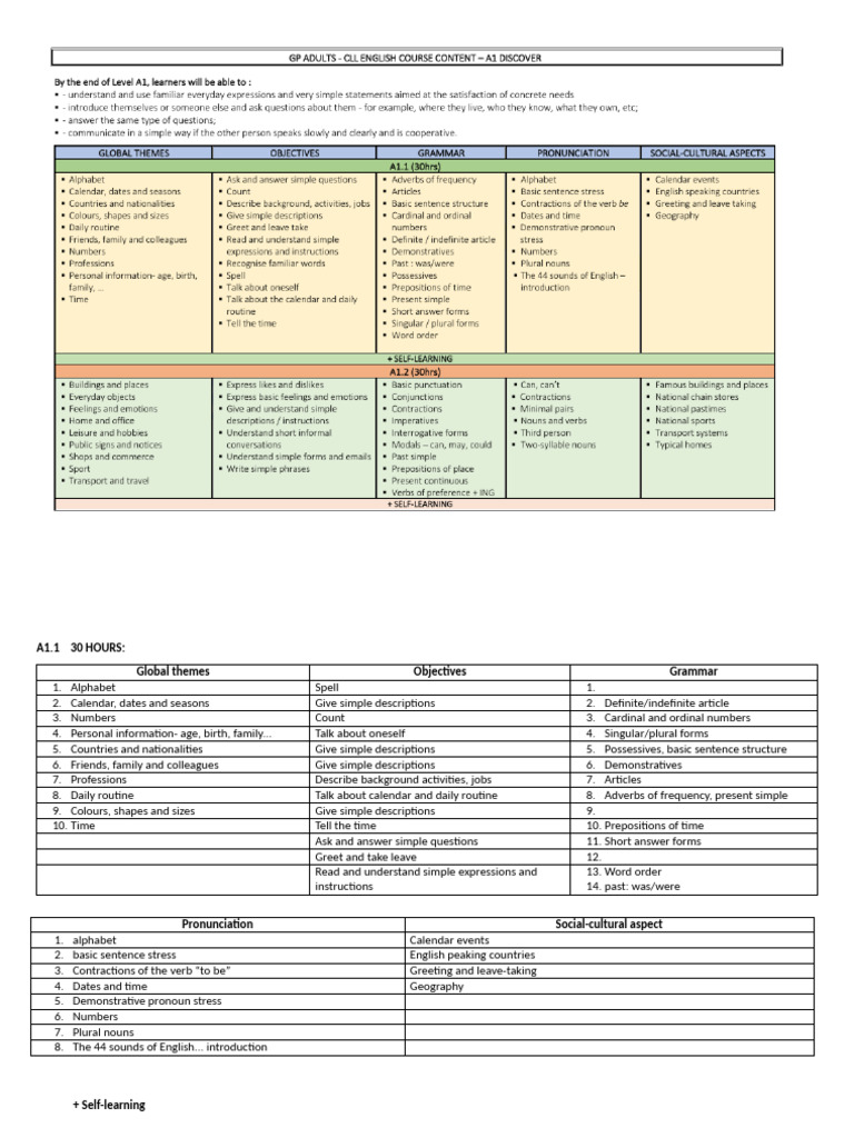 A1 English Language Course Overview | PDF | English Language | Linguistics
