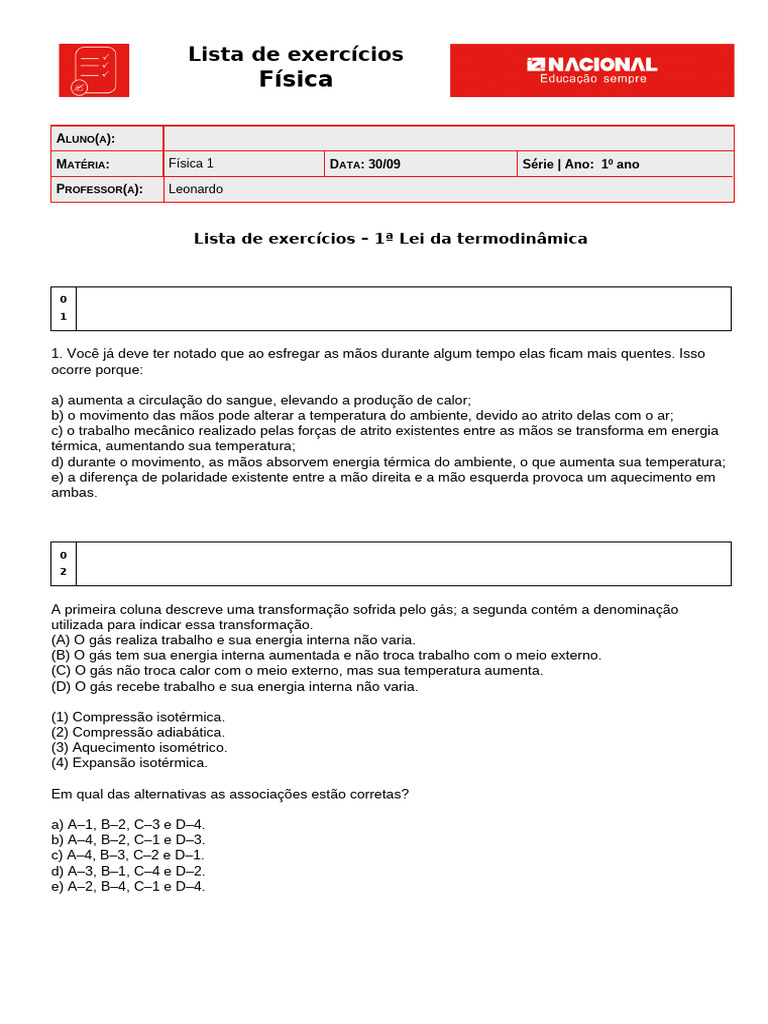 Exercícios sobre a 1ª Lei da Termodinâmica | PDF | Termodinâmica | Calor