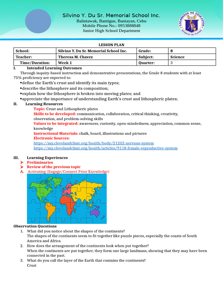 Grade 8 Science Lesson Plan: Earth's Crust | PDF | Plate Tectonics ...