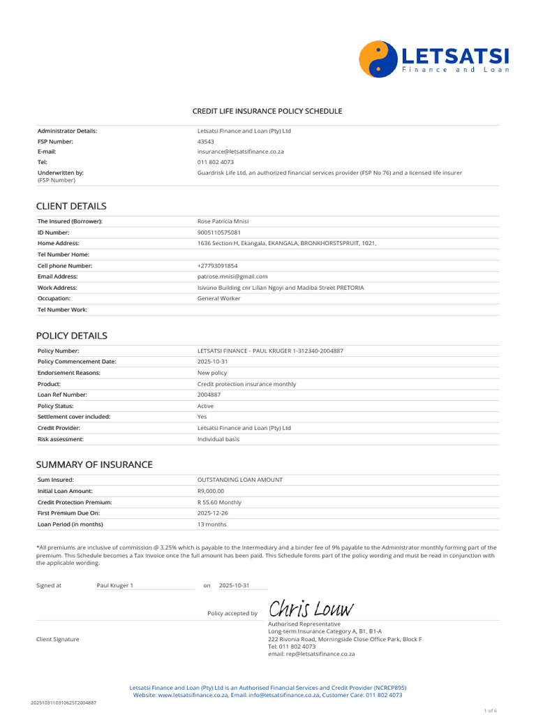 Credit Life Insurance Policy Details | PDF | Insurance | Life Insurance