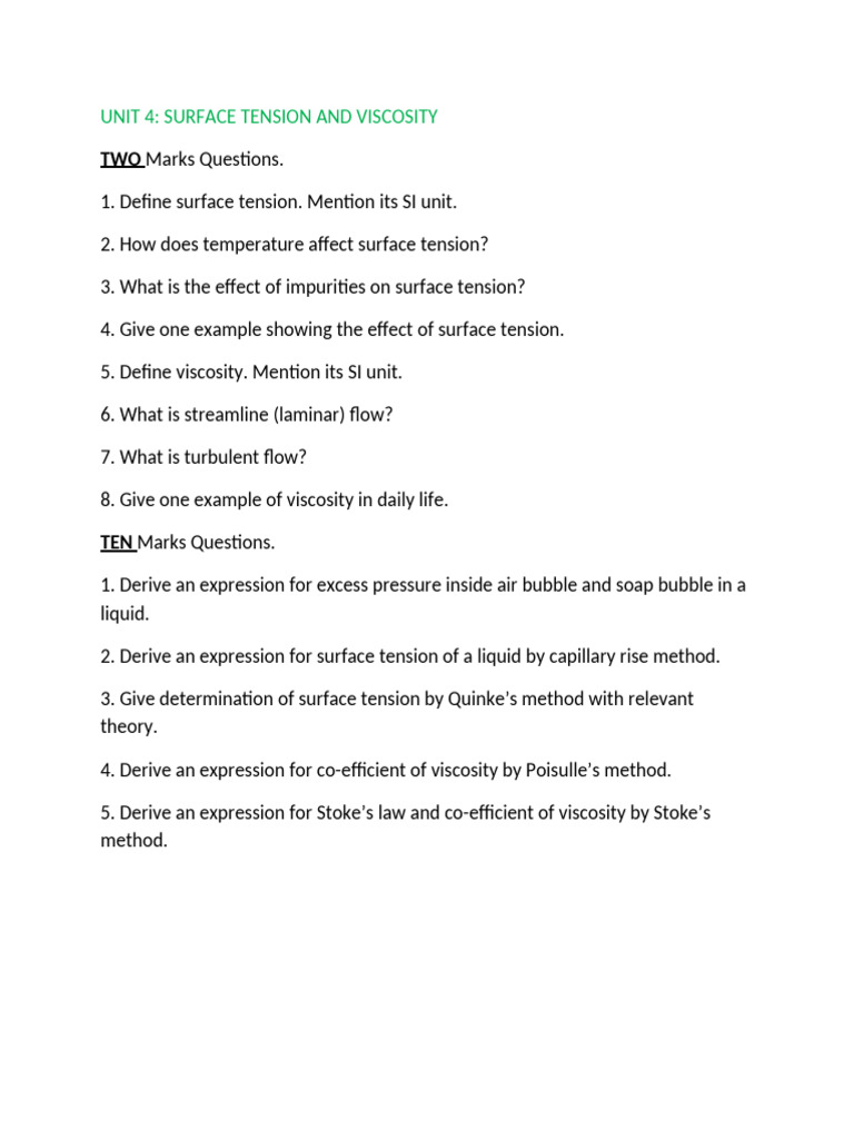 Unit 4 Surface Tension and Viscosity | PDF