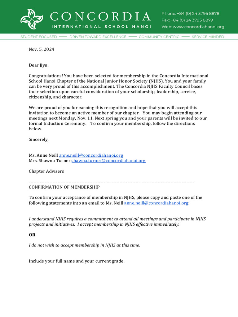 Jiyu Kim NJHS Selection Letter | PDF