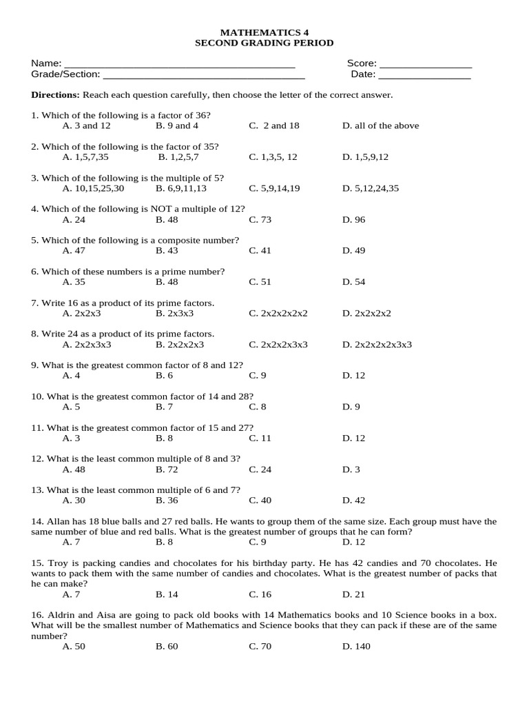 Mathematics 4 Grading Period Assessment | PDF | Numbers | Mathematics