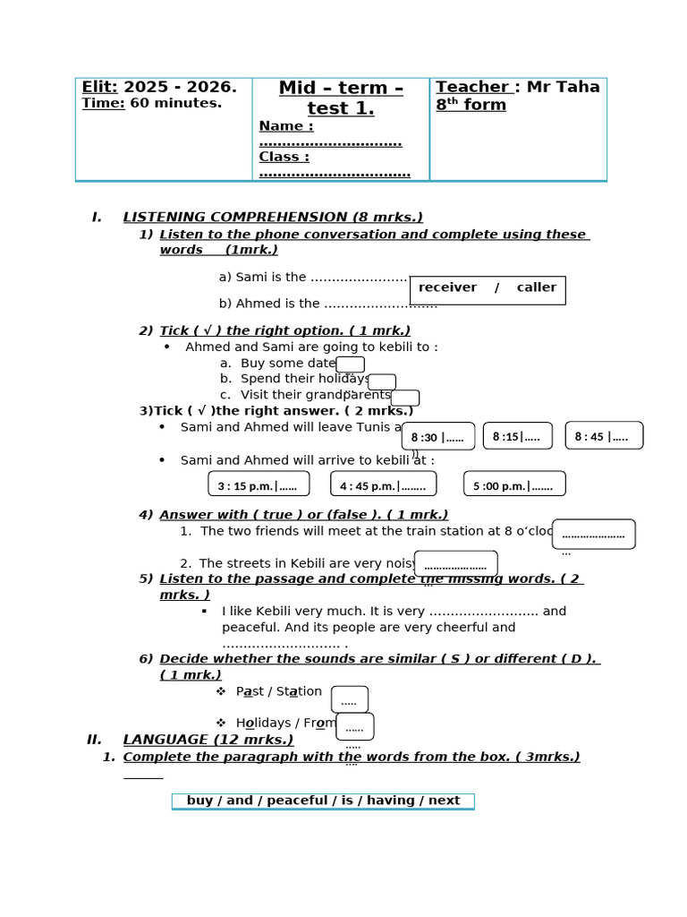 8th Form Mid 1st Term Test 1 | PDF
