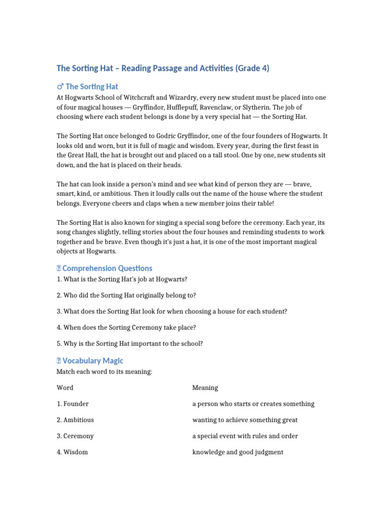 The Sorting Hat Reading and Activities Grade4 | PDF