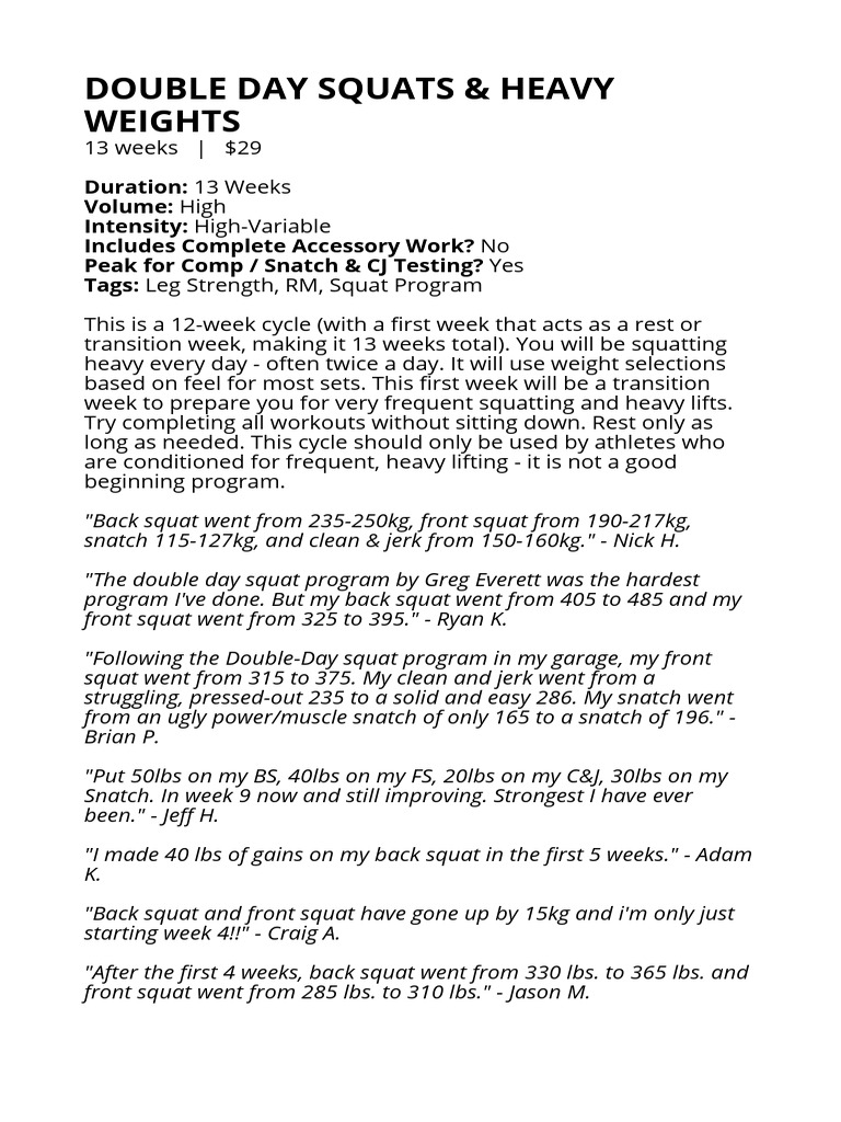 Double Day Squats & Heavy Weights 13 Weeks | PDF | Physical Fitness ...