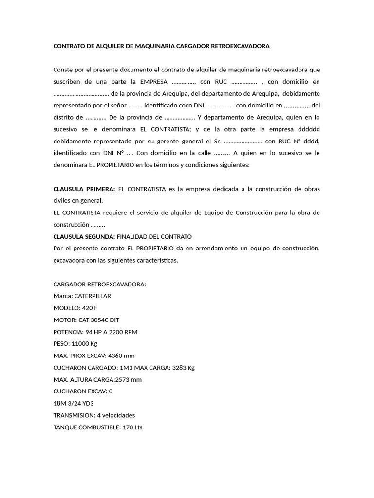 Contrato de Alquiler Retroexcavadora Arequipa | PDF