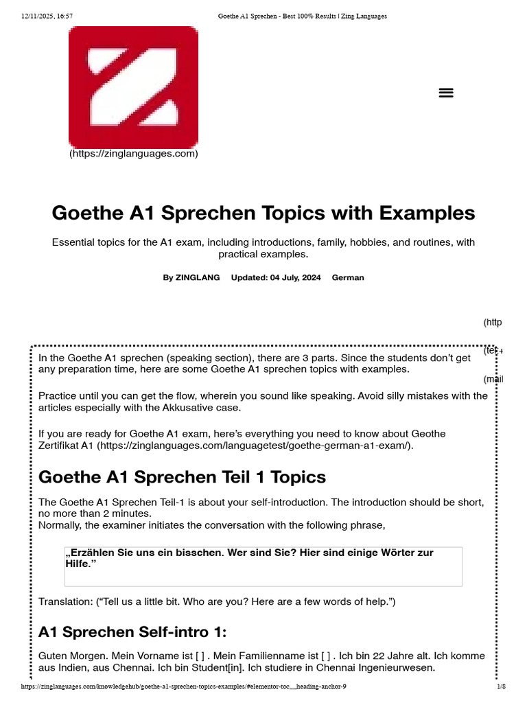 Goethe A1 Sprechen - Best 100% Results _ Zing Languages | PDF