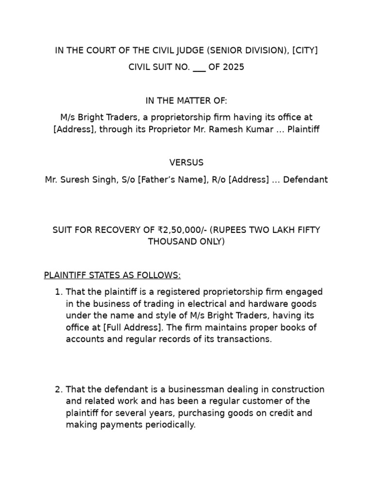 Recovery Suit for ₹2,50,000 Against Defendant | PDF | Lawsuit | Receipt