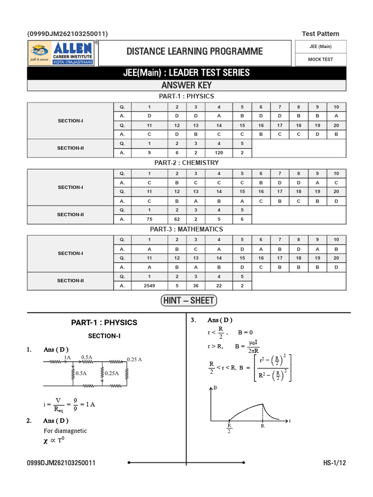 JEE Main Mock Test Answer Key | PDF