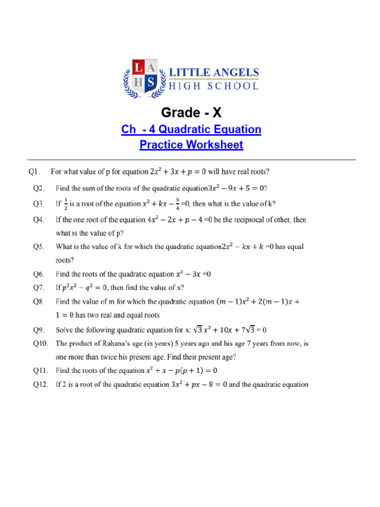 Grade - X: CH - 4 Quadratic Equation Practice Worksheet | PDF