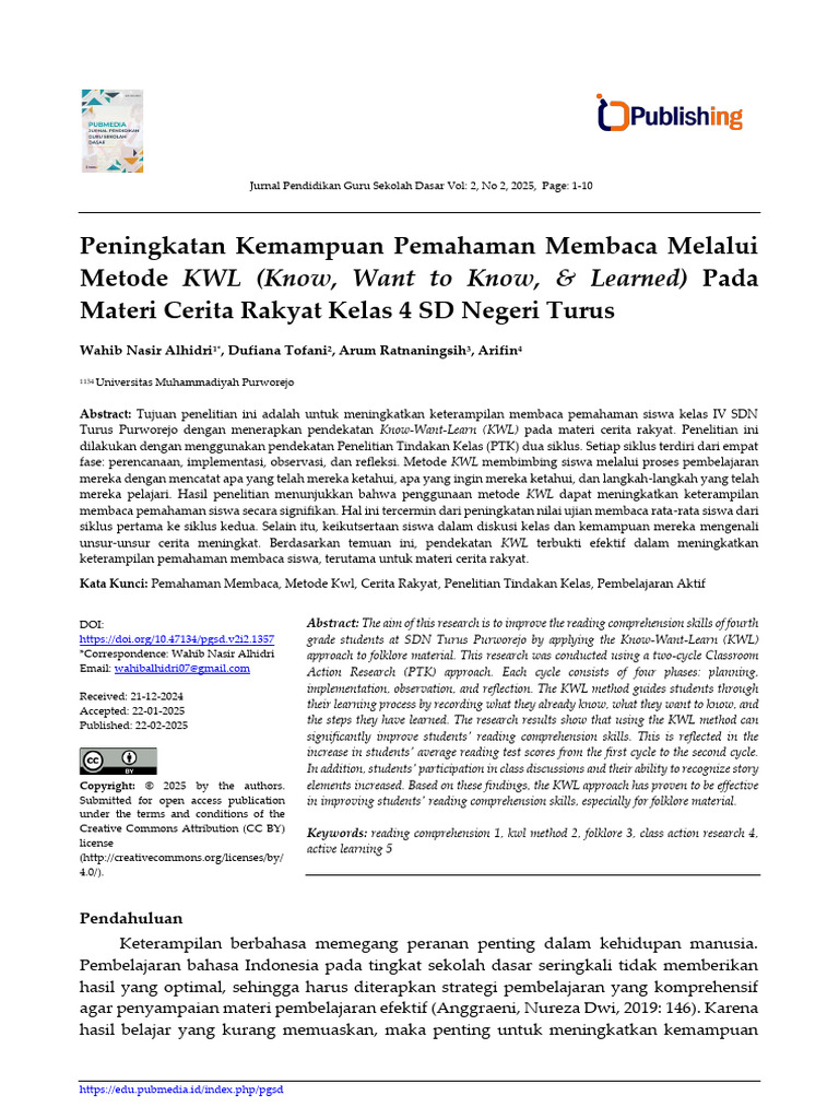 Peningkatan Kemampuan Pemahaman Membaca Melalui Metode KWL (Know, Want ...