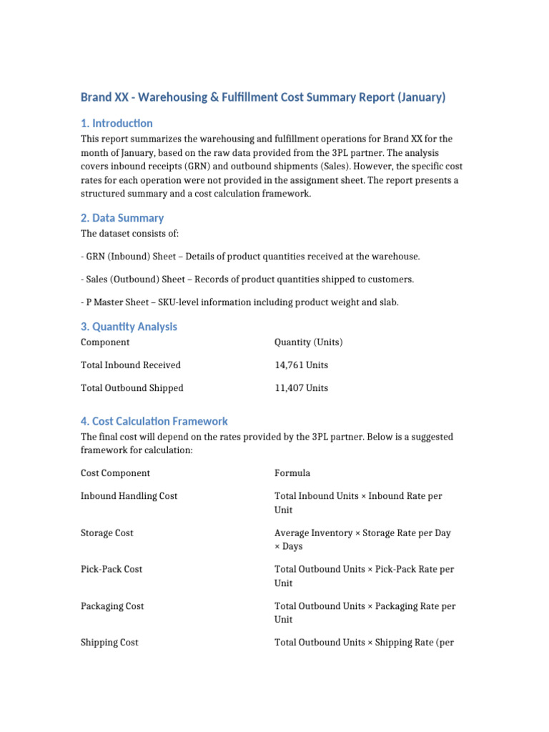 Warehousing Fulfillment Cost Summary Report | PDF