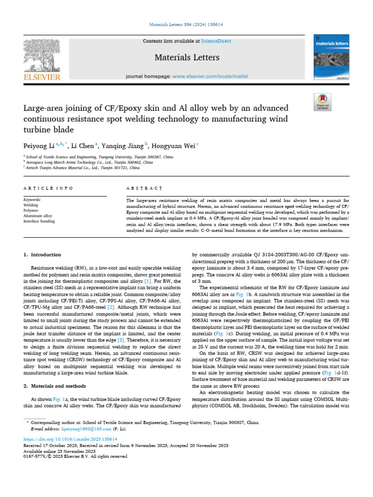 1 s2.0 S0167577X23017998 Main | PDF | Composite Material | Welding