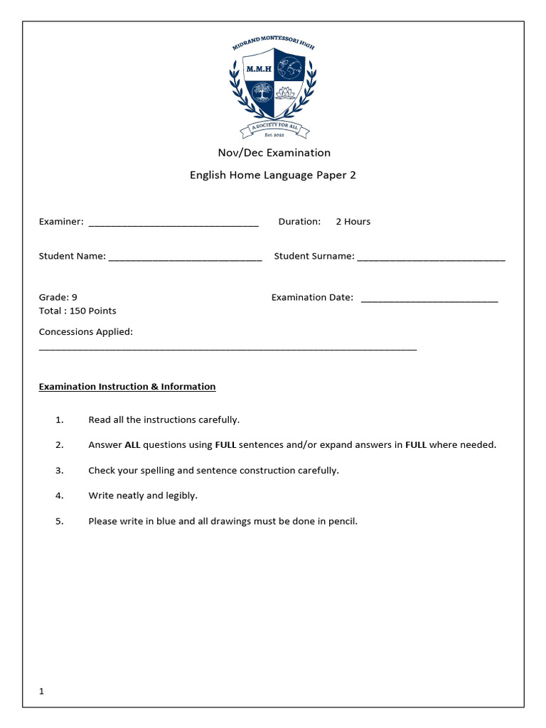 Grade 9 English Exam Instructions | PDF