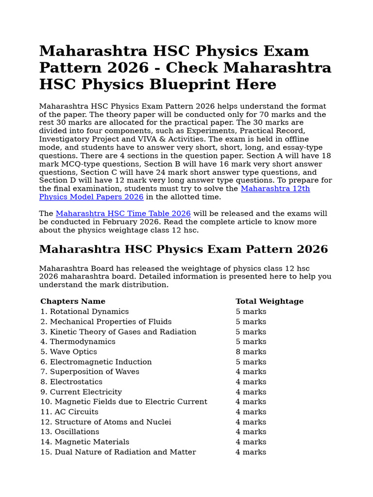 Maharashtra HSC Physics Exam Pattern 2026 | PDF | Physics | Physical ...