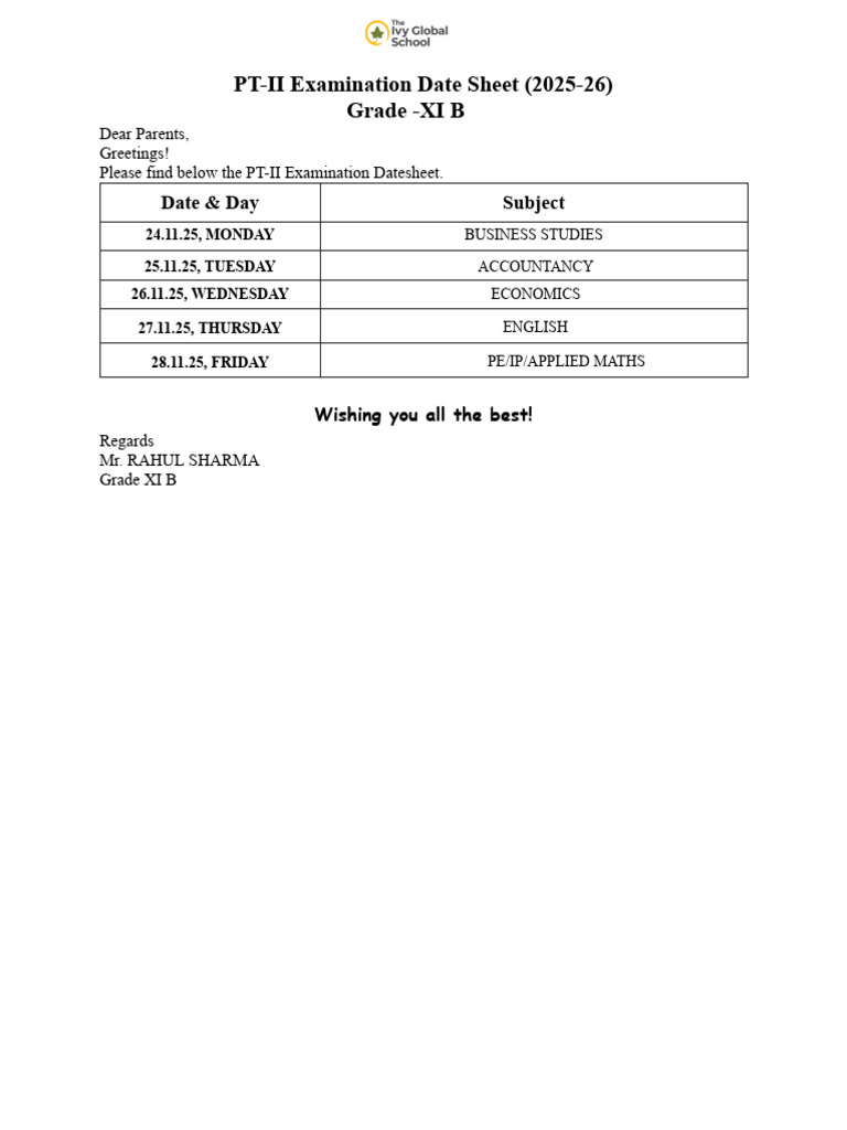 PT-II Exam Datesheet for Grade XI B | PDF