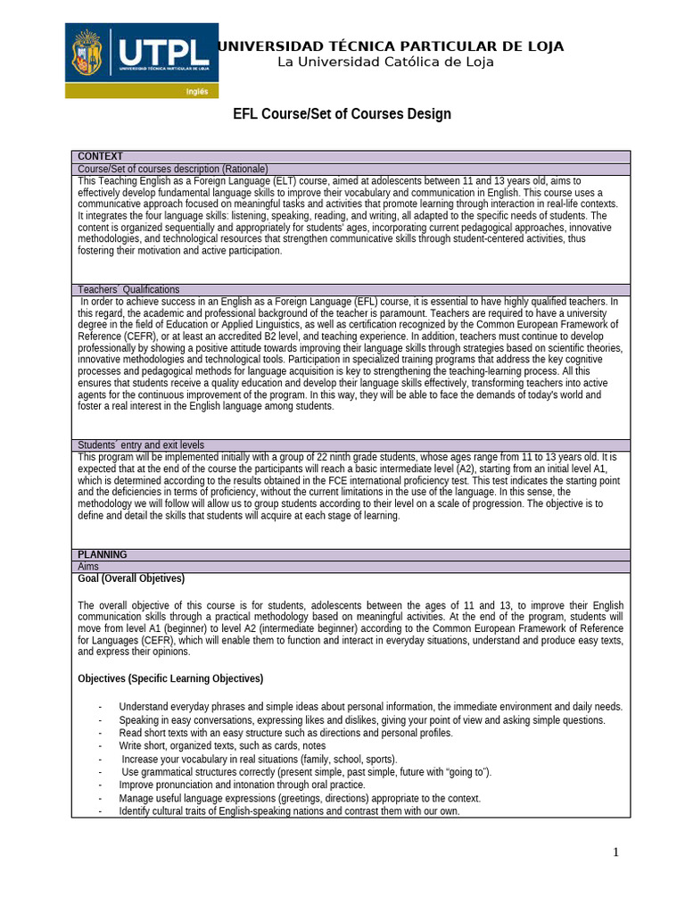 EFL Course Design for Ages 11-13 | PDF | Educational Assessment ...