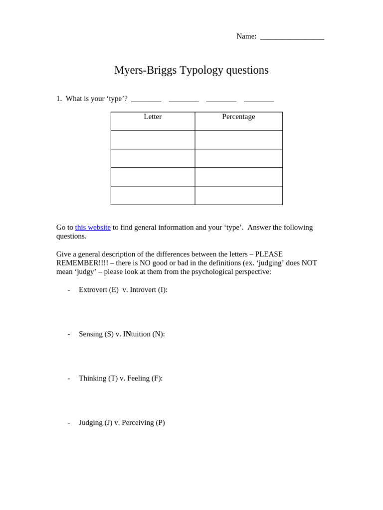 Myers-Briggs Typology Questionnaire Guide | PDF