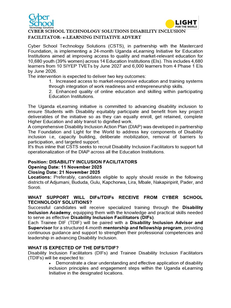 Advert Disability Inclusion Facilitator | PDF | Vocational Education ...