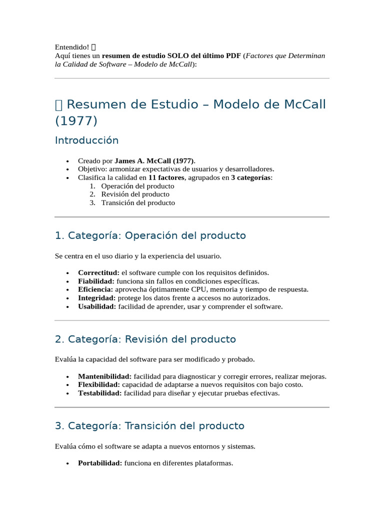 Calidad de Software: Modelo McCall 1977 | PDF