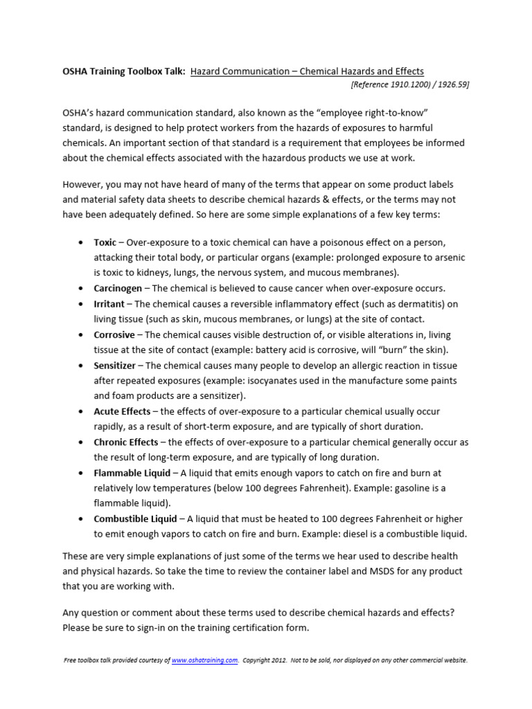 Hazard Communication Toolbox Talk | PDF | Toxicity | Occupational ...