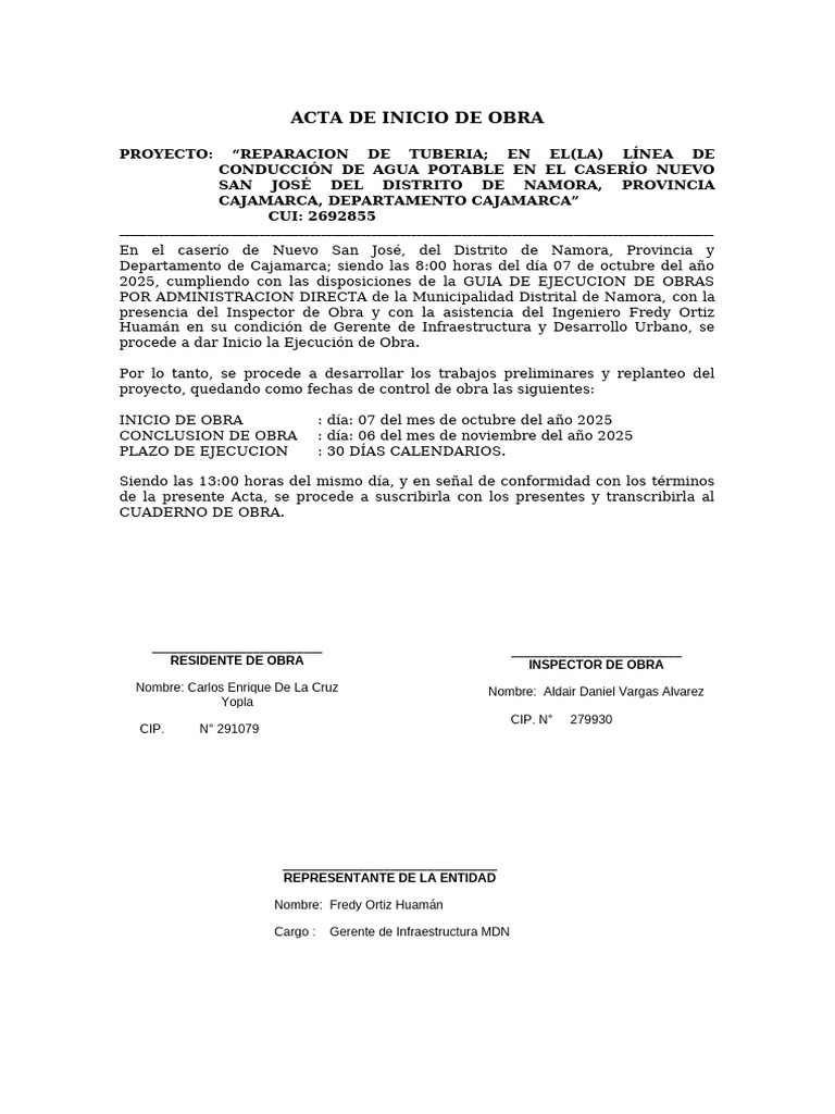 Acta de Inicio de Obra en Cajamarca | PDF