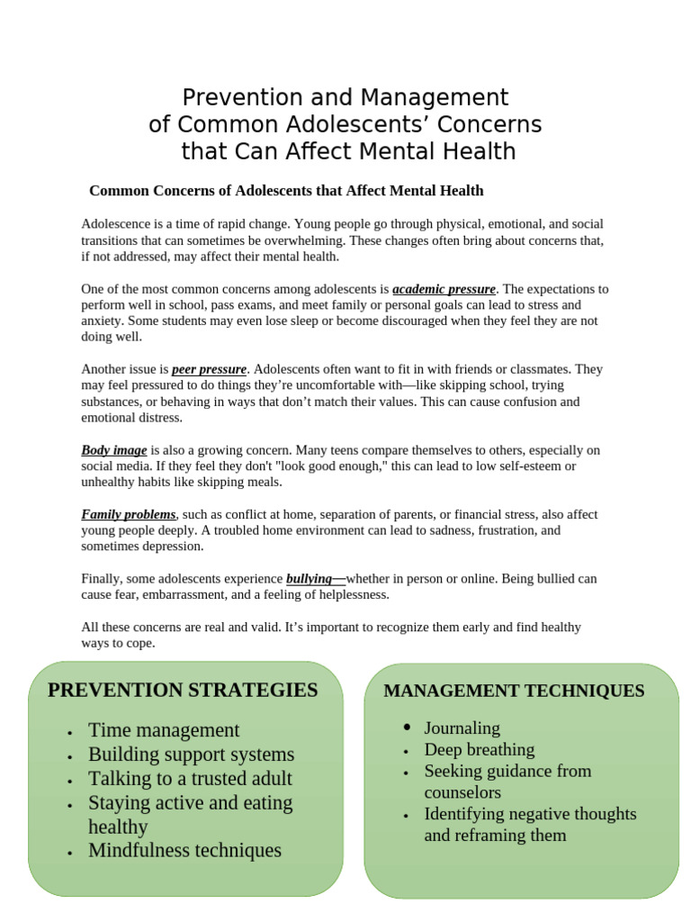 Adolescent Mental Health Concerns & Solutions | PDF | Adolescence ...