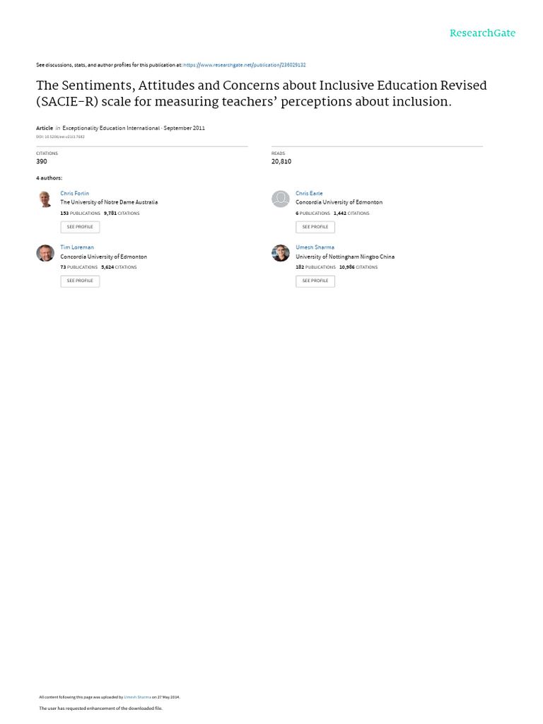 SACIE-R Scale for Teacher Inclusion Perceptions | PDF | Principal ...