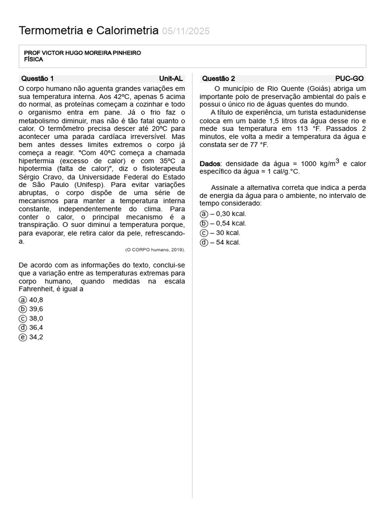 Termometria e Calorimetria: Conceitos e Questões | PDF | Calor ...