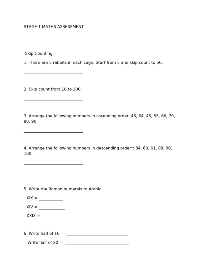 Stage 1 Maths Assessment Worksheet | PDF