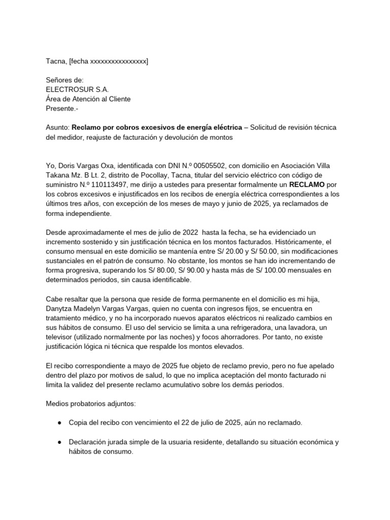Reclamo por Cobros Excesivos de Luz | PDF | Protección al Consumidor