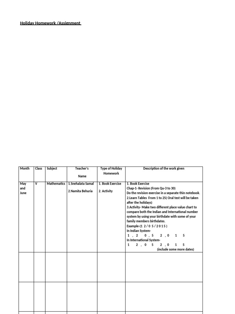 Class V Holiday Math Assignment | PDF