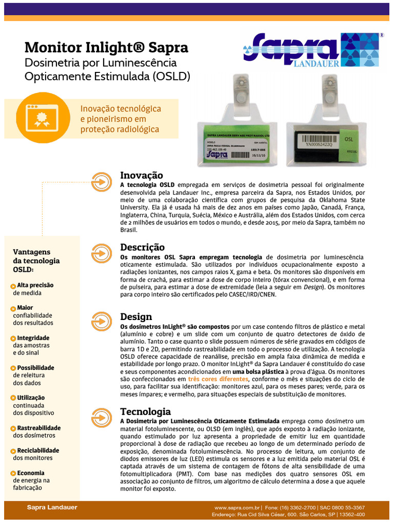 Monitor Inlight® Sapra: Dosimetria OSLD | PDF | Diodo emissor de luz
