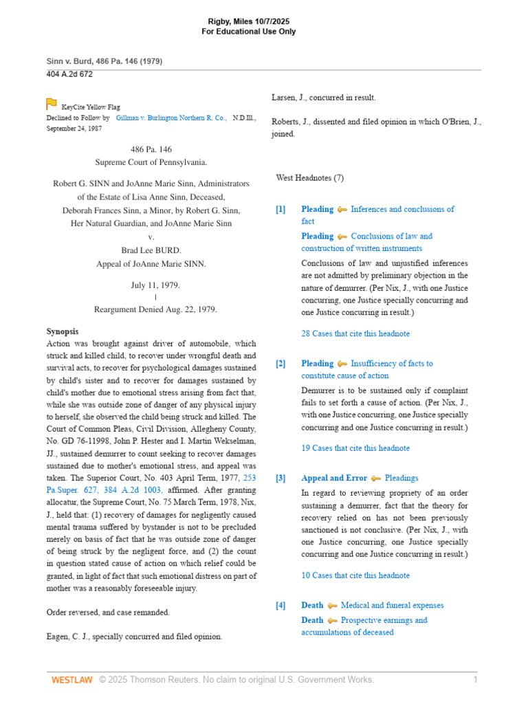 Sinn V Burd A Pennsylvania NIED Court Case | PDF | Negligence | Damages