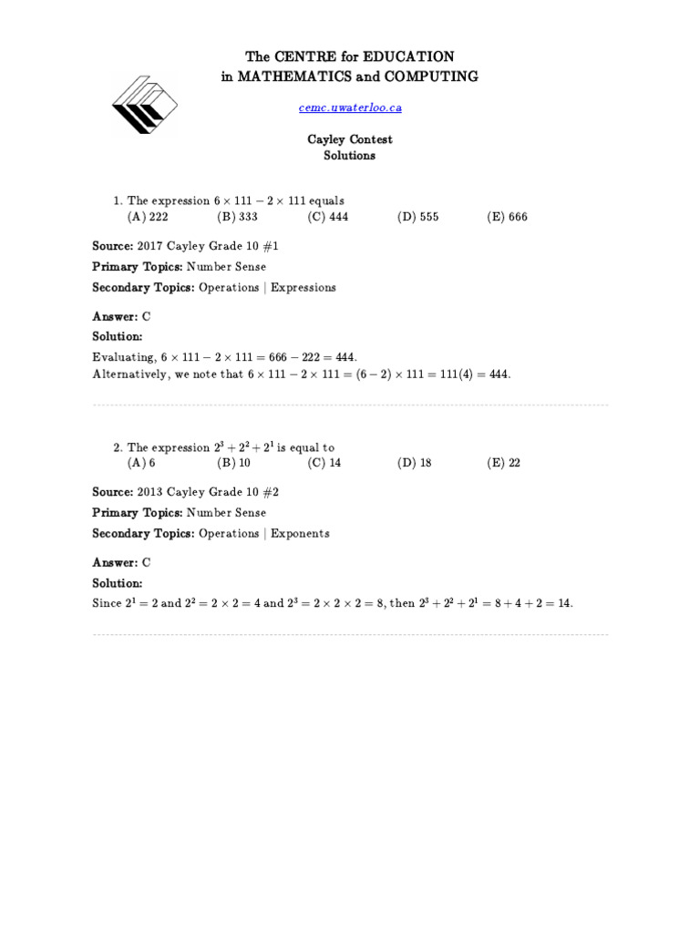 CEMC - Problem Set Generator Cayley Answers | PDF | Area | Length