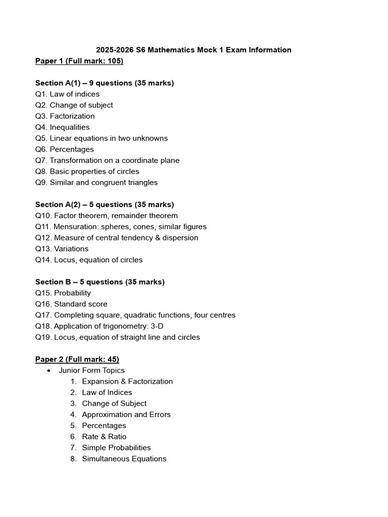S6 Mathematics Mock Exam Overview | PDF