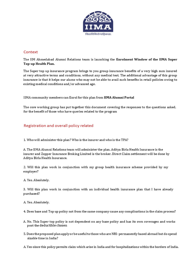 IIMA Super Top-up Health Plan Guide | PDF | Deductible | Insurance