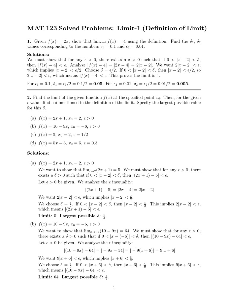 Limit Problems and Solutions in MAT 123 | PDF | Function (Mathematics ...