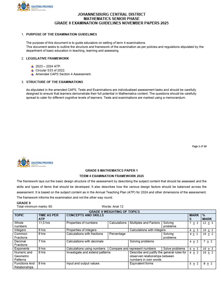 Grade 8 Maths Exam Guidelines 2025 | PDF | Algebra | Area