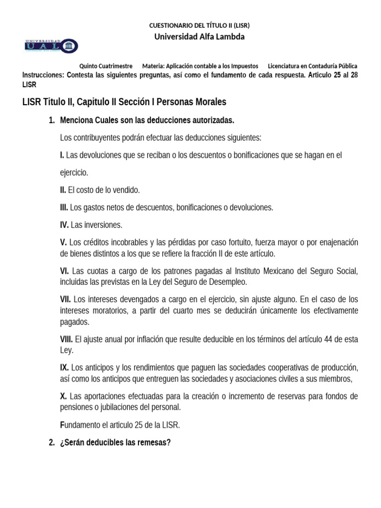 Deducciones Fiscales en la LISR: Guía Completa | PDF | Impuestos ...