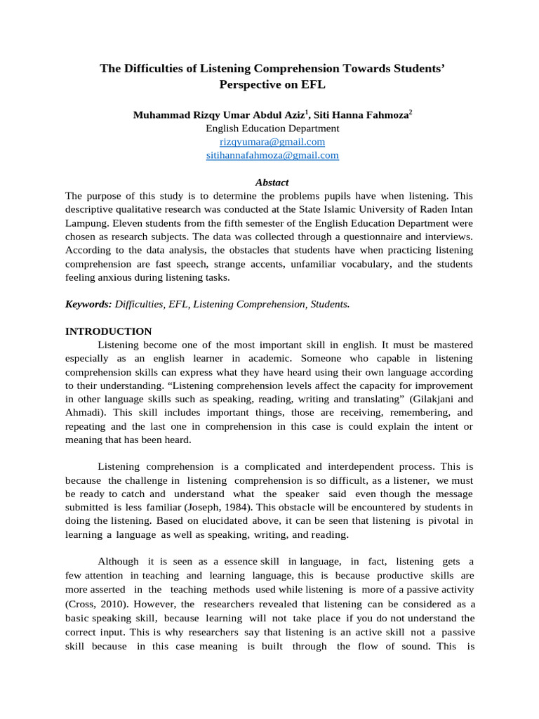 EFL Students' Listening Comprehension Challenges | PDF | Reading ...