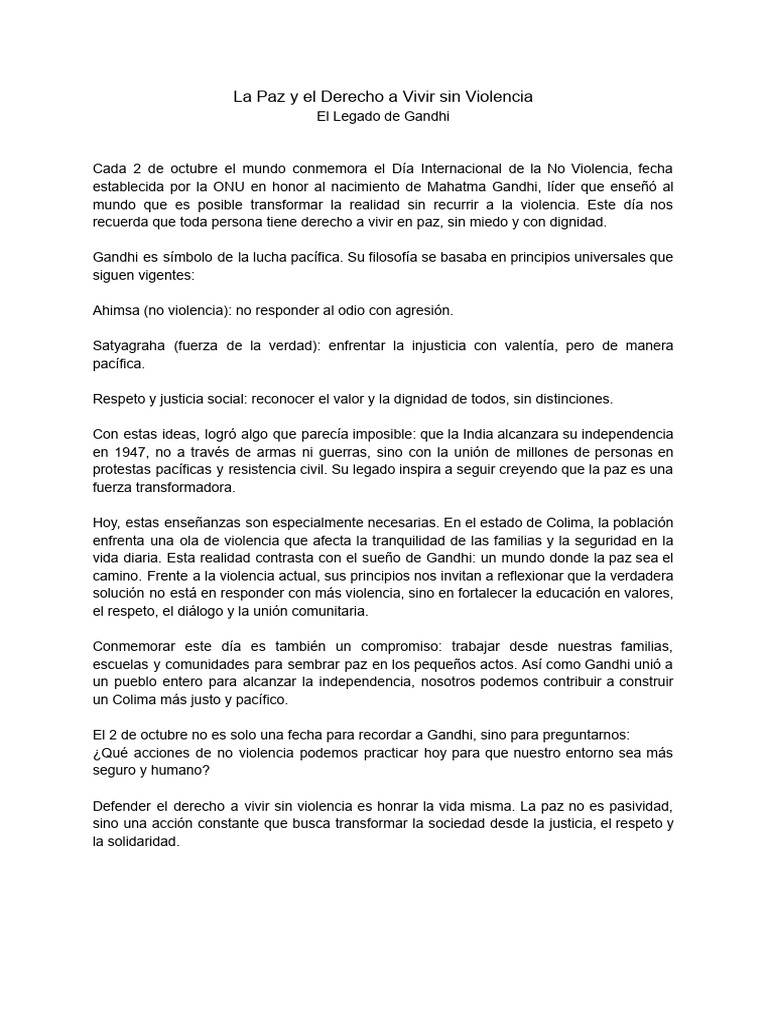 La Paz y El Derecho A Vivir Sin Violencia | PDF | Mahatma Gandhi | Paz