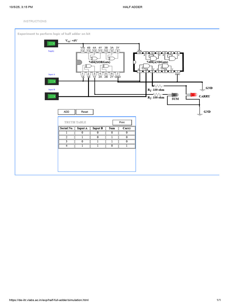 Half Adder Logic Experiment Guide | PDF