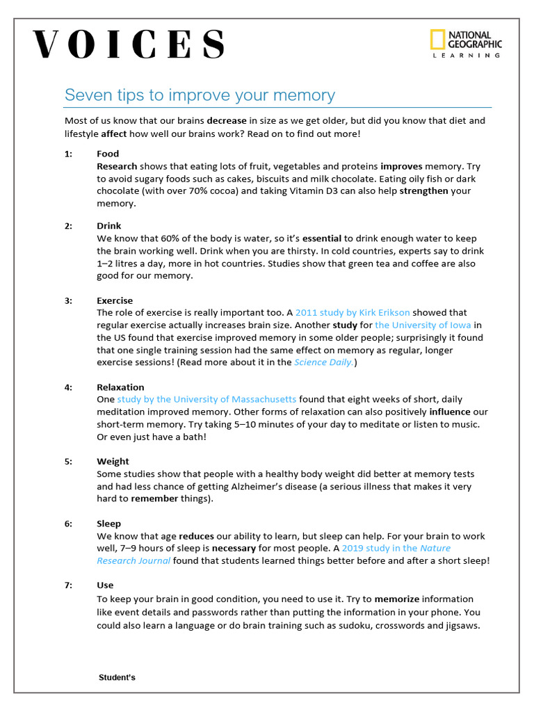 Seven Tips to Boost Memory Effectively | PDF | Memory | Sleep