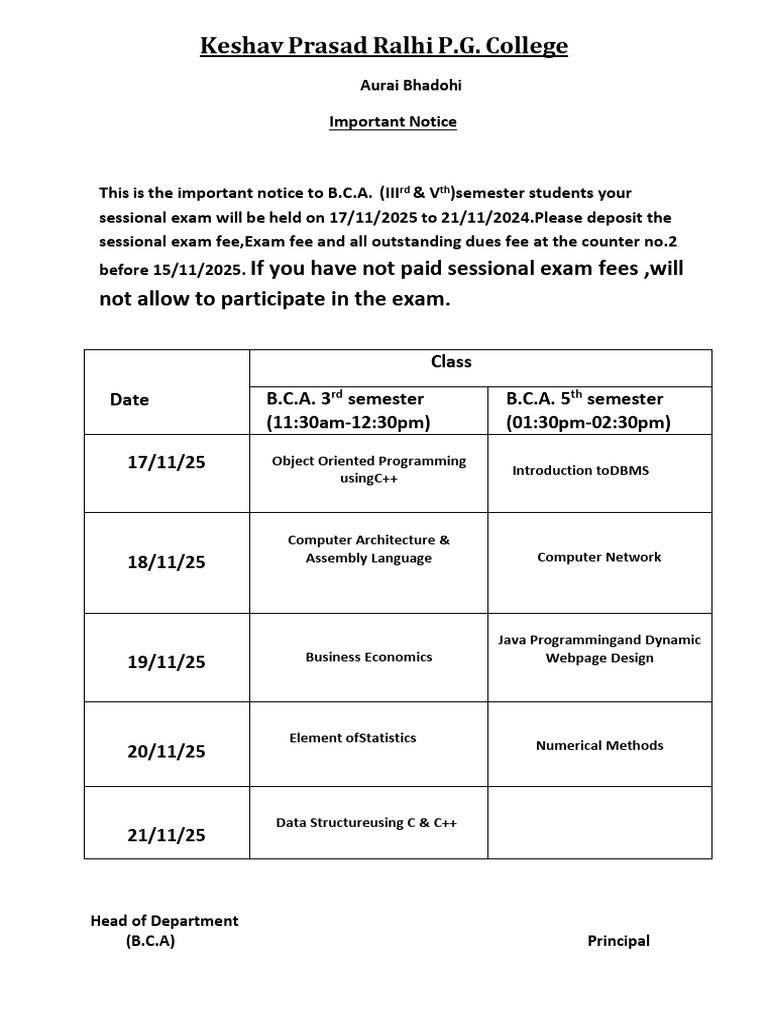 BCA Sessinal Exam Time Table (Odd Sem) - 2025 | PDF