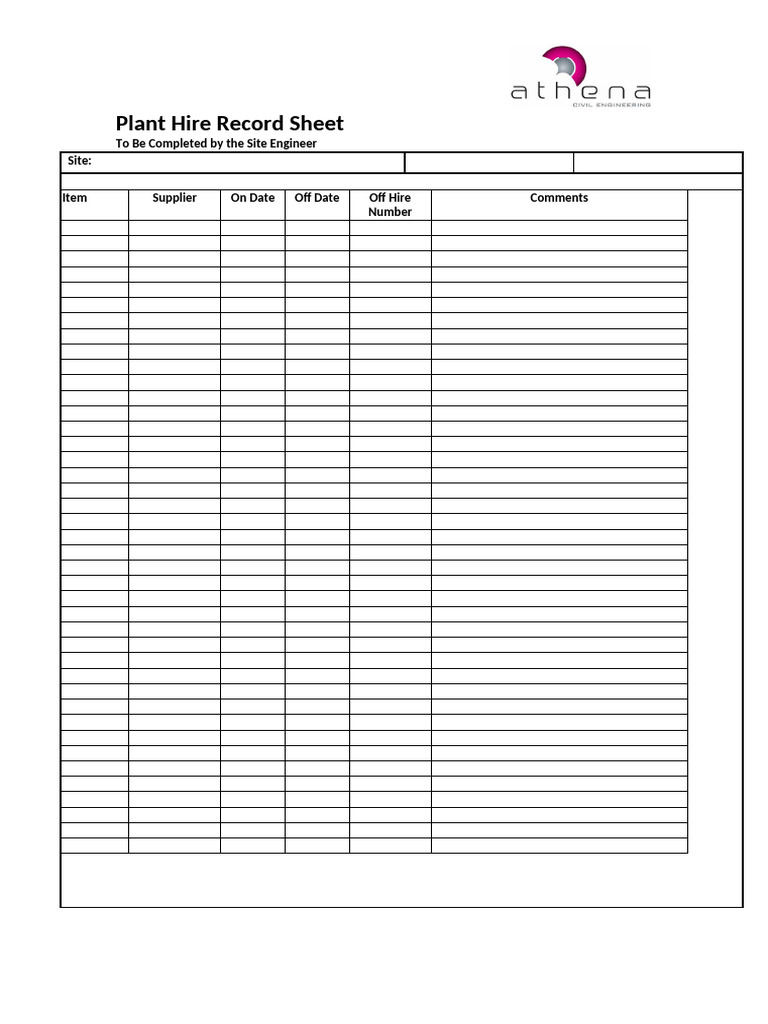 Plant Hire Record Sheet Template | PDF